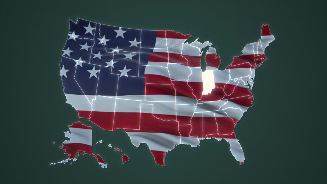 미국 지도에서 하색으로 강조된 인디애나 연방 주가 박이고 있습니다.