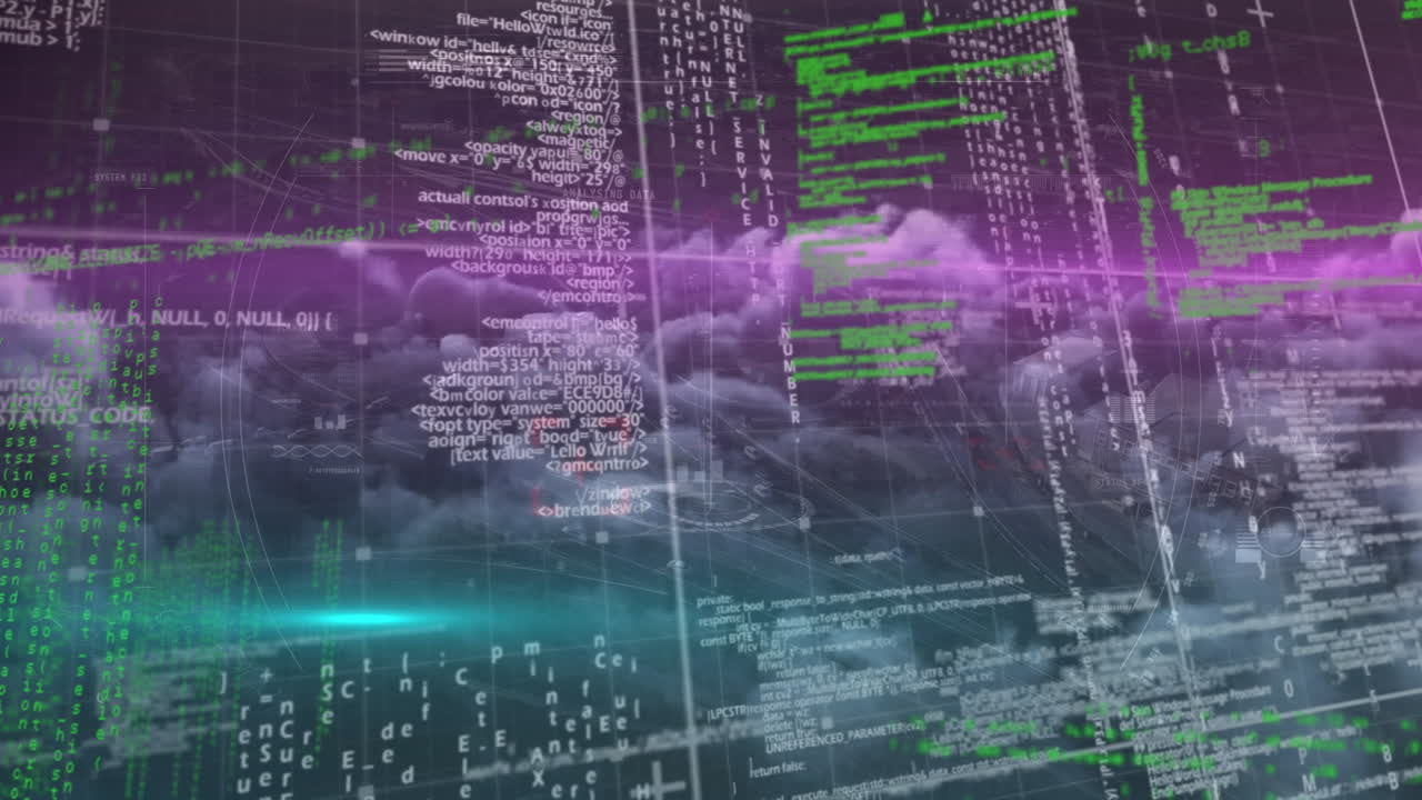 Animation of data processing over clouds on black background