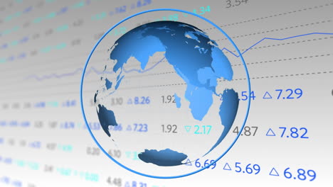 animation of line with stock exchange financial data processing with blue globe