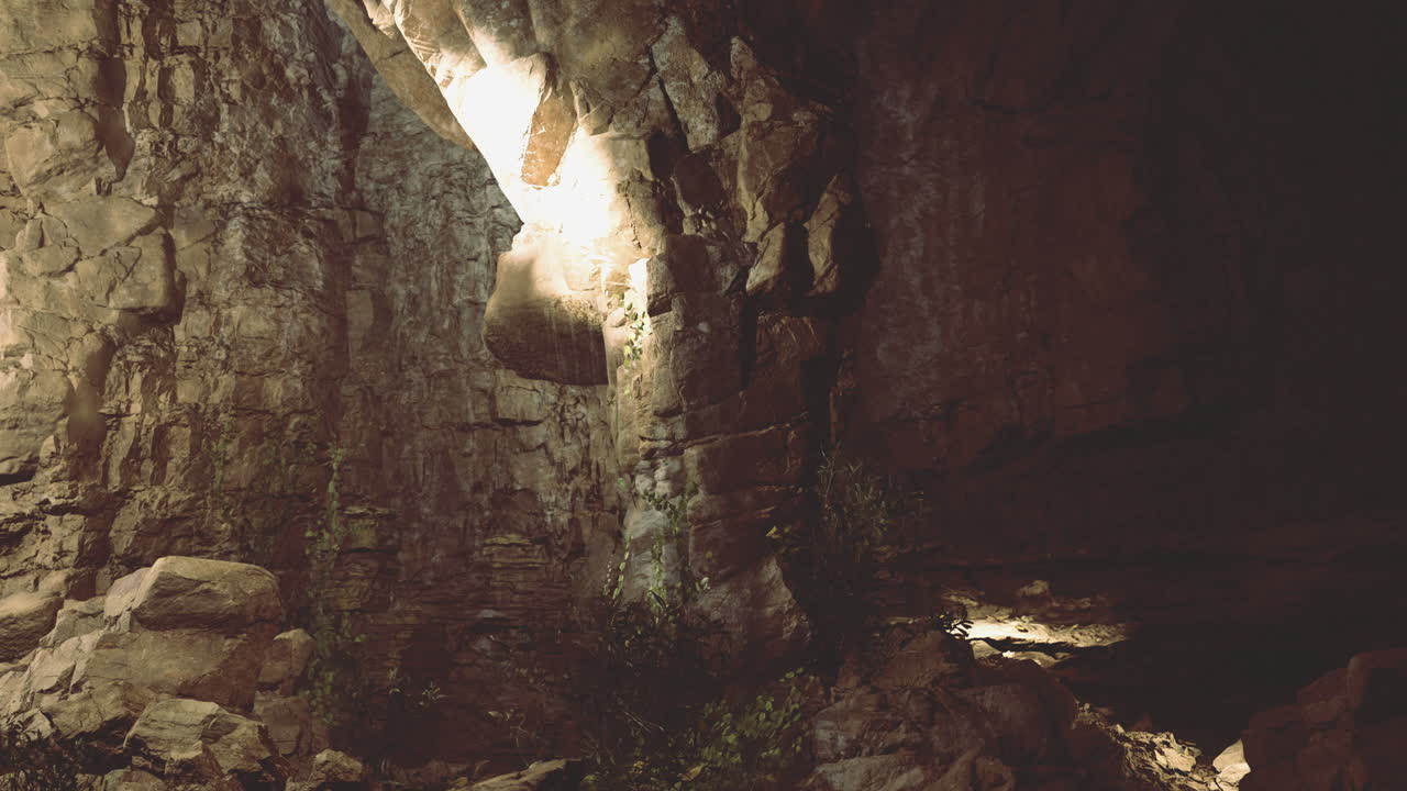 Exploring the mysterious rock formations in a dimly lit cave environment