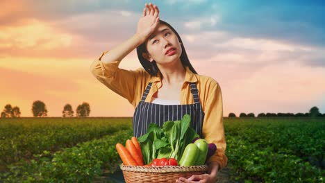 tired asian female farmer with vegetable basket while standing in field