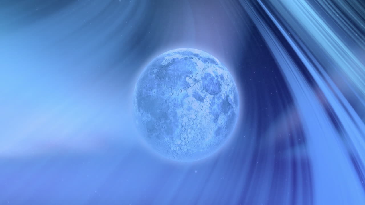 Animation of blue moon and shapes moving on black background