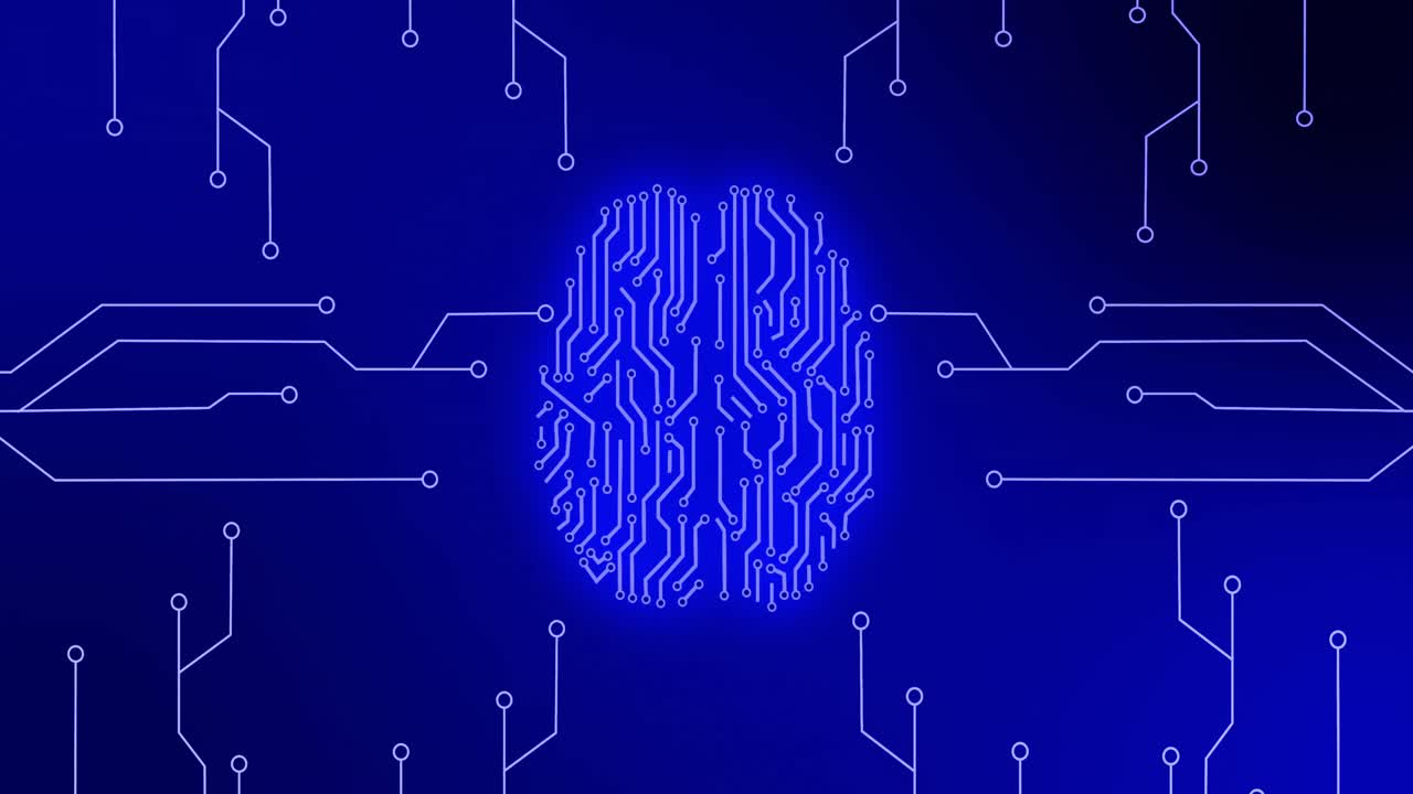 animación de cerebro humano brillante azul con circuito de placa madre de computadora sobre fondo azul