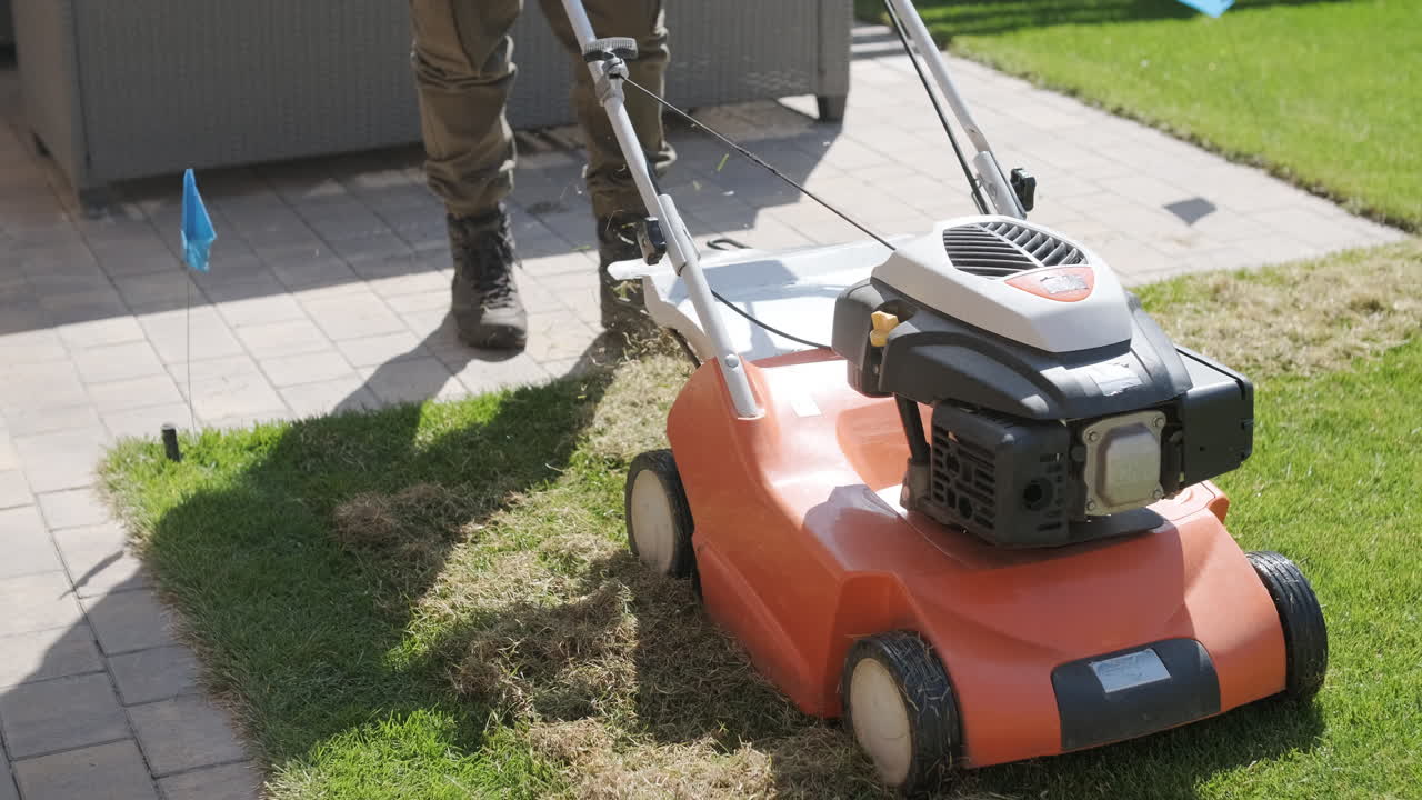 Person Scarifying Green Lawn with a Dethatcher Machine