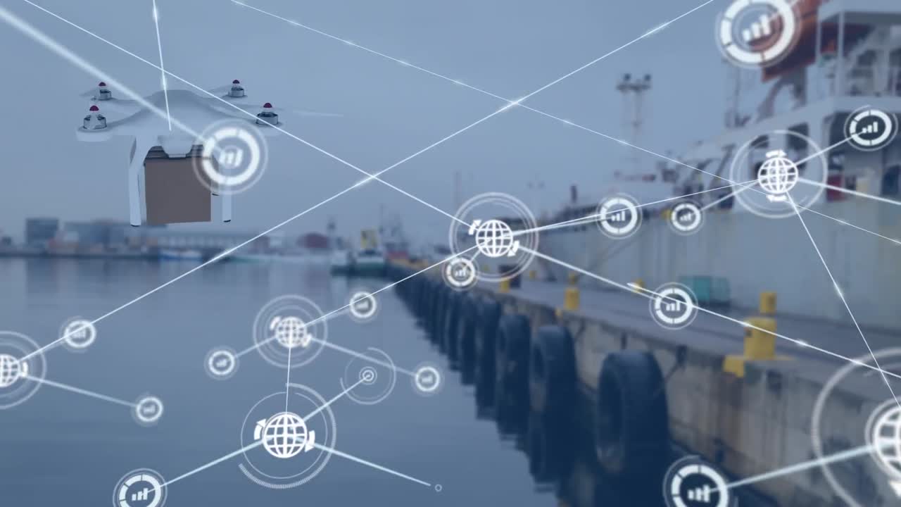 파셀과 풍경과 함께 드론을 통해 아이콘과 연결 네트워크의 애니메이션