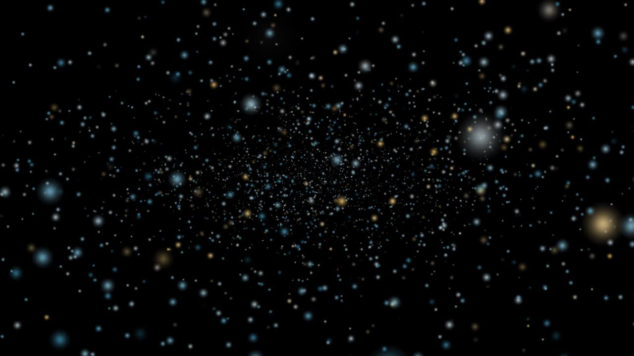 zoom en el espacio profundo oro nieve y polvo estelar flotando lentamente y desvanecido en la pantalla negra
