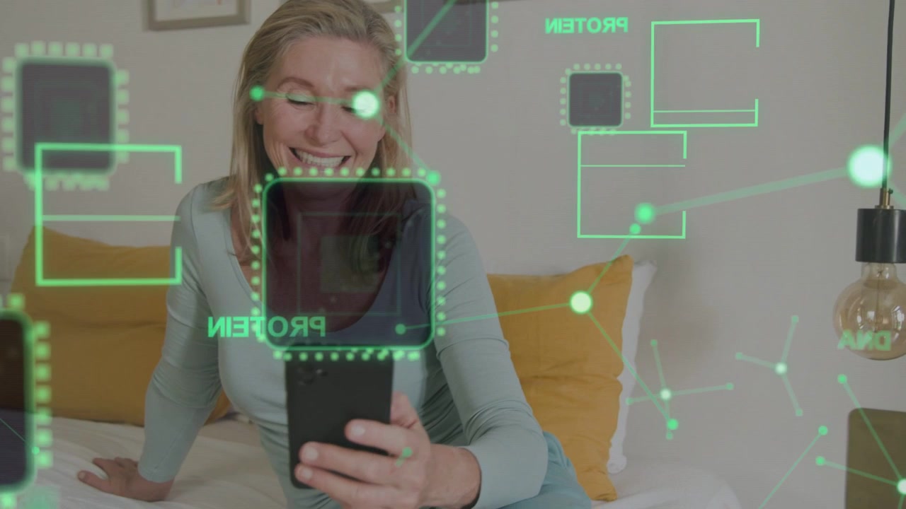 Woman leaning, sitting up and glancing at phone, initiating AR overlay showing DNA health, smiling