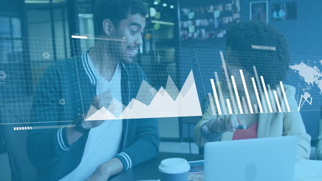 Animation-of-graphs,-loading-bars-and-map,-diverse-coworkers-looking-at-laptop-and-giving-high-five