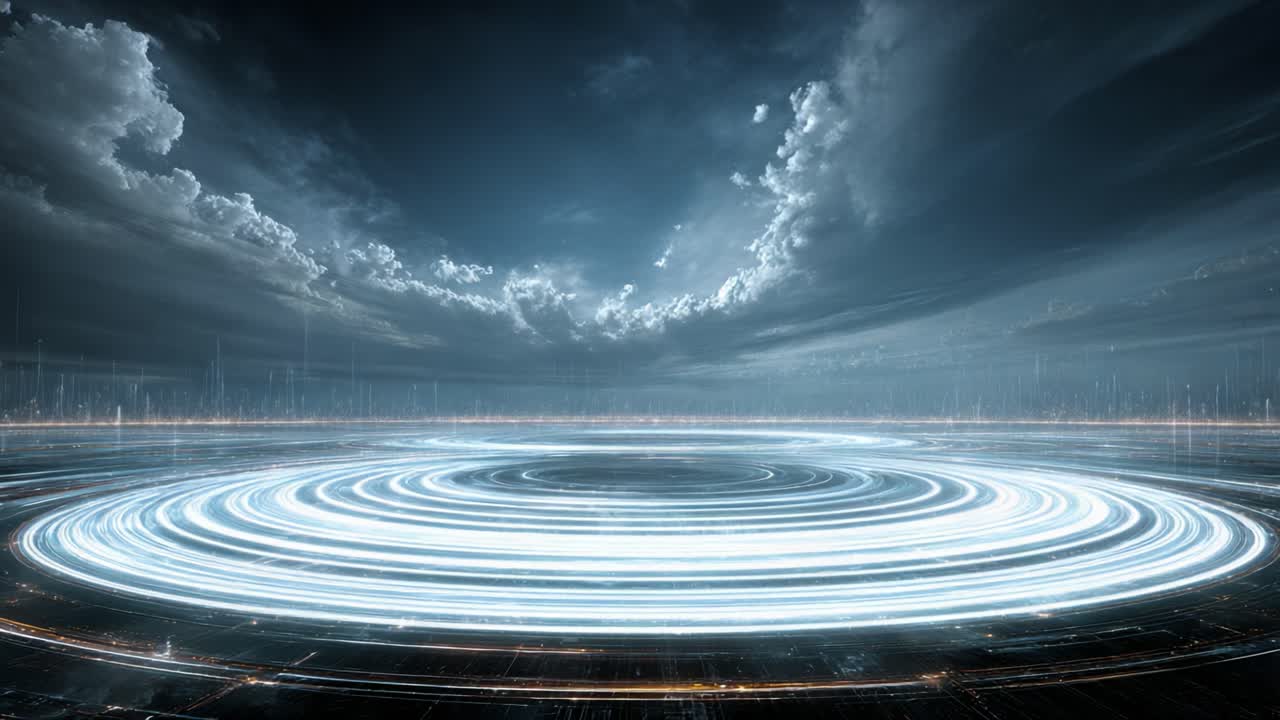 En fantastisk visuel fremvisning af dynamiske cirkulære mønstre og æterisk lys midt i en dramatisk skyet himmel, der fremkalder en følelse af bevægelse og energi i en abstrakt atmosfære