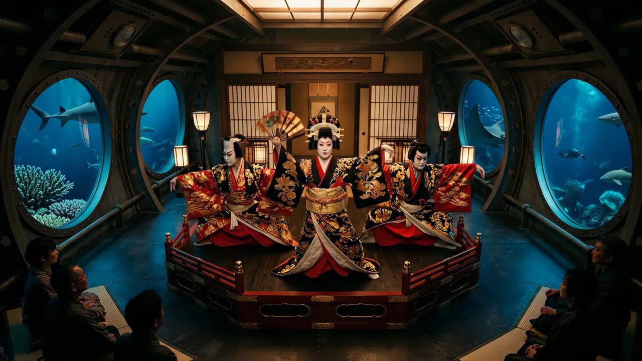 海中潜水艦劇場で舞う日本の伝統的な演者