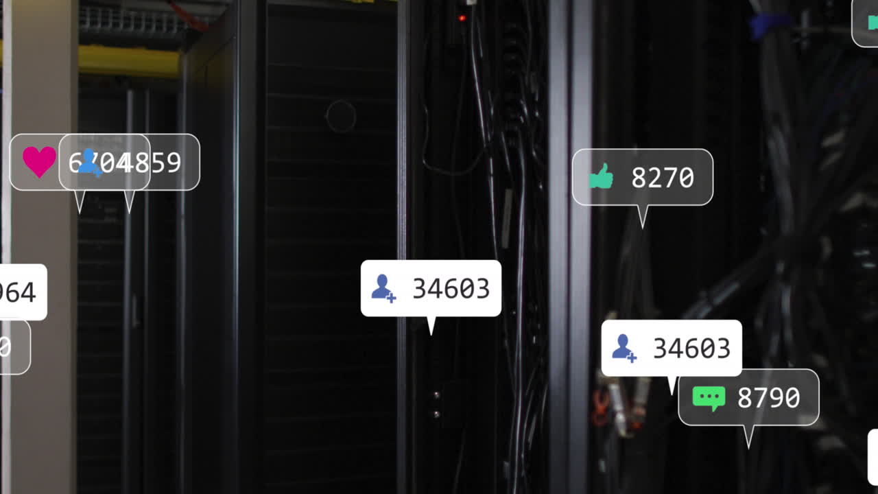 Animaton of social media icons against close up of a computer server