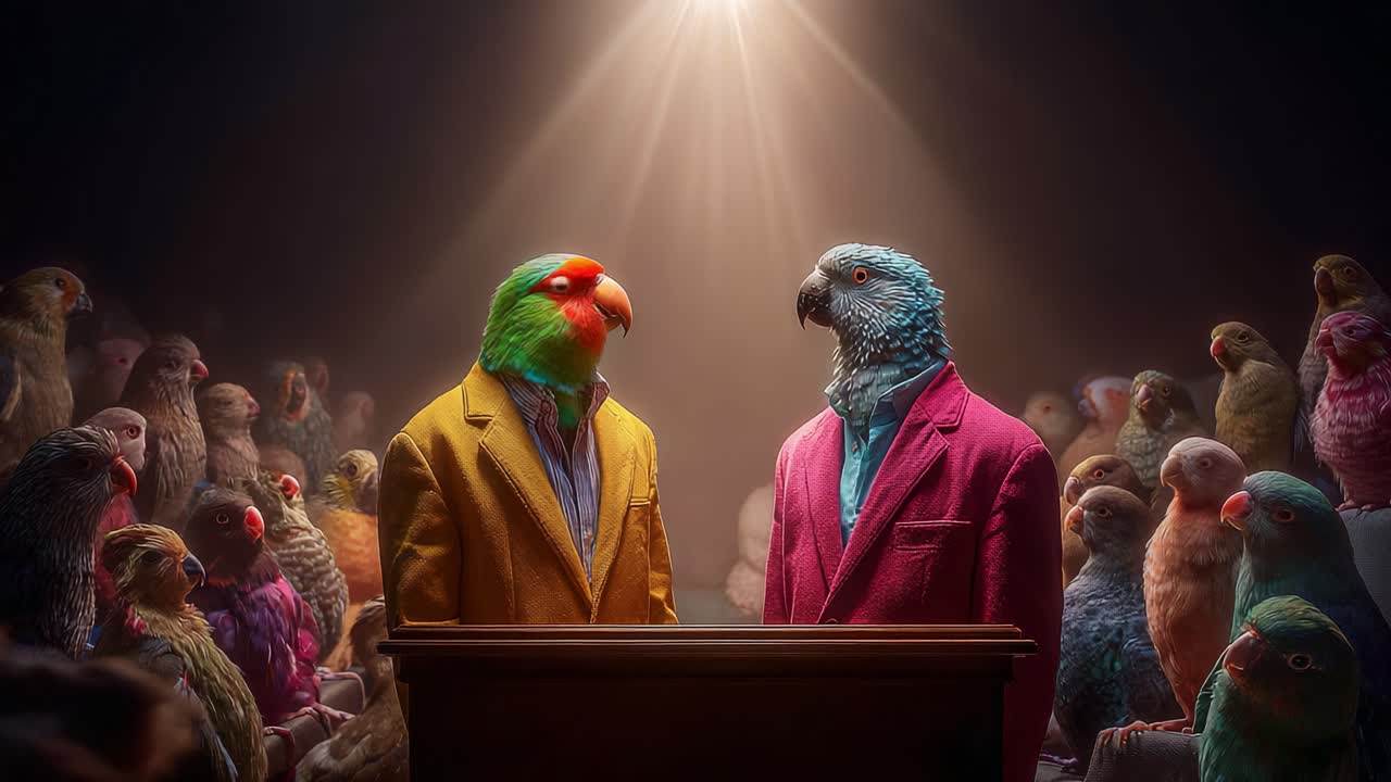 A Colorful Perspective: Two Parrots in Vibrant Suits Stand at a Podium, Surrounded by an Audience of Various Birds Under a Spotlight, Engaging in a Captivating Exchange