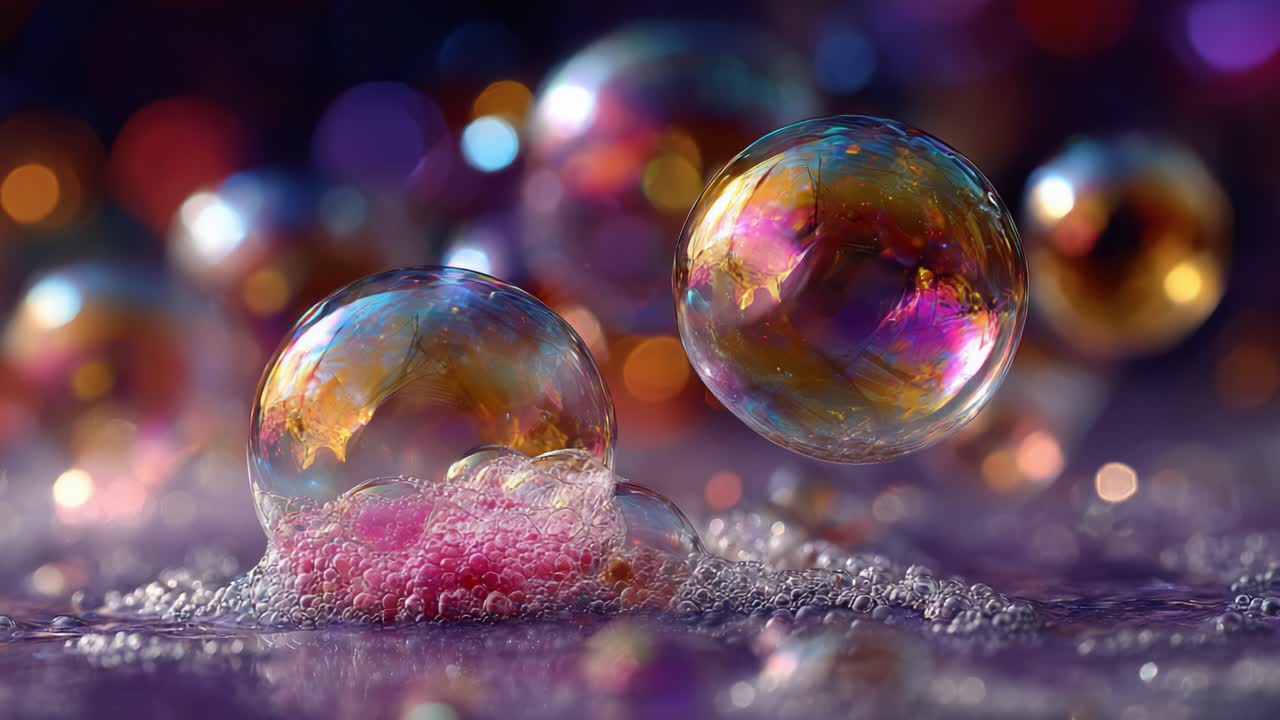 A Vivid Display of Iridescent Bubbles with Colorful Reflections and Sparkling Foam, Captured in a Stunning Close-up Imagery of Floating Water Spheres