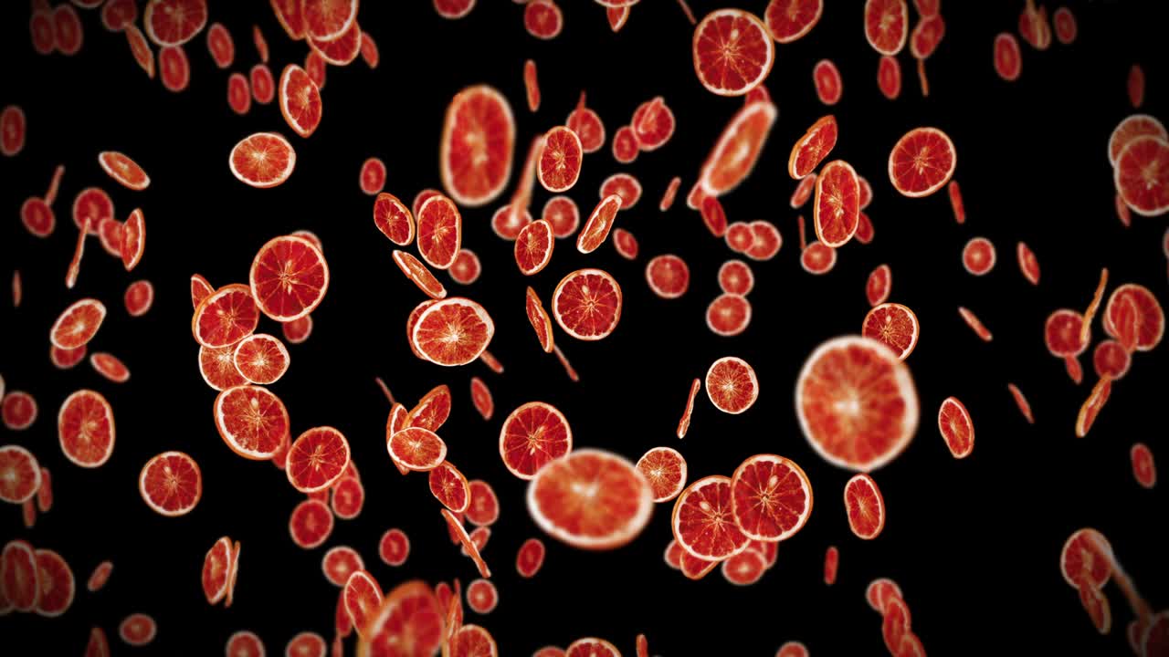 검은 바탕에 많은 건조 오렌지를 날아. 탈수 된 과일, 음식 개념. 3d 애니메이션 조각 된 과일 오렌지 회전. 루프 애니메이션.