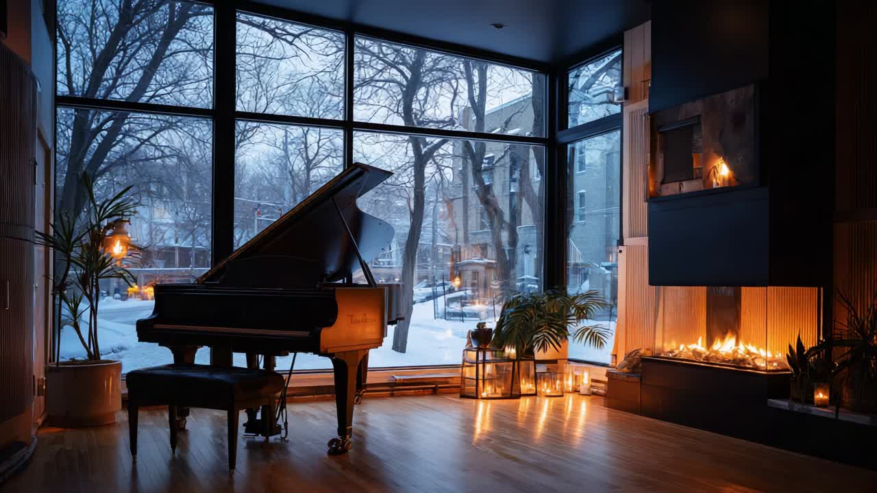 A Serene Winter Evening Setting Featuring a Grand Piano Beside a Cozy Fireplace, Illuminated by Warm Candlelight and the Soft Glow of Windows Framing a Snowy Landscape Outside