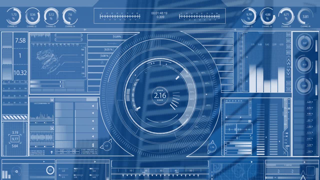 Animation of interface with data processing against low angle view of tall building