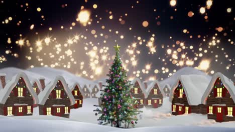 pueblo de invierno de navidad y luces mágicas en el cielo