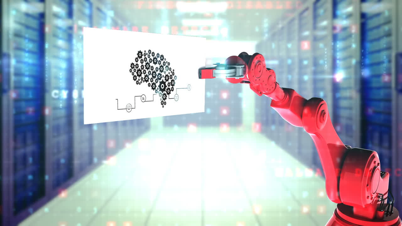 Digitally generated video of red robotic arm holding card with diagram of machine
