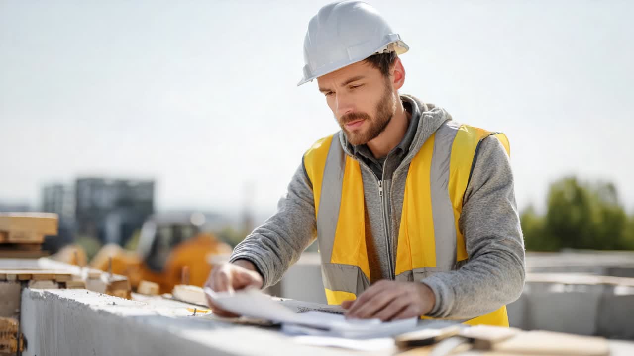 Construction Worker Reviewing Plans on a Job Site in Safety Gear with a Clear Sky and Cityscape in the Background