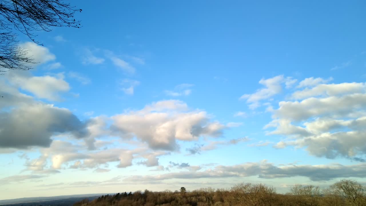 숲의 지평선 위에 있는 파란 하늘을 배경으로 빠르게 움직이는 구름