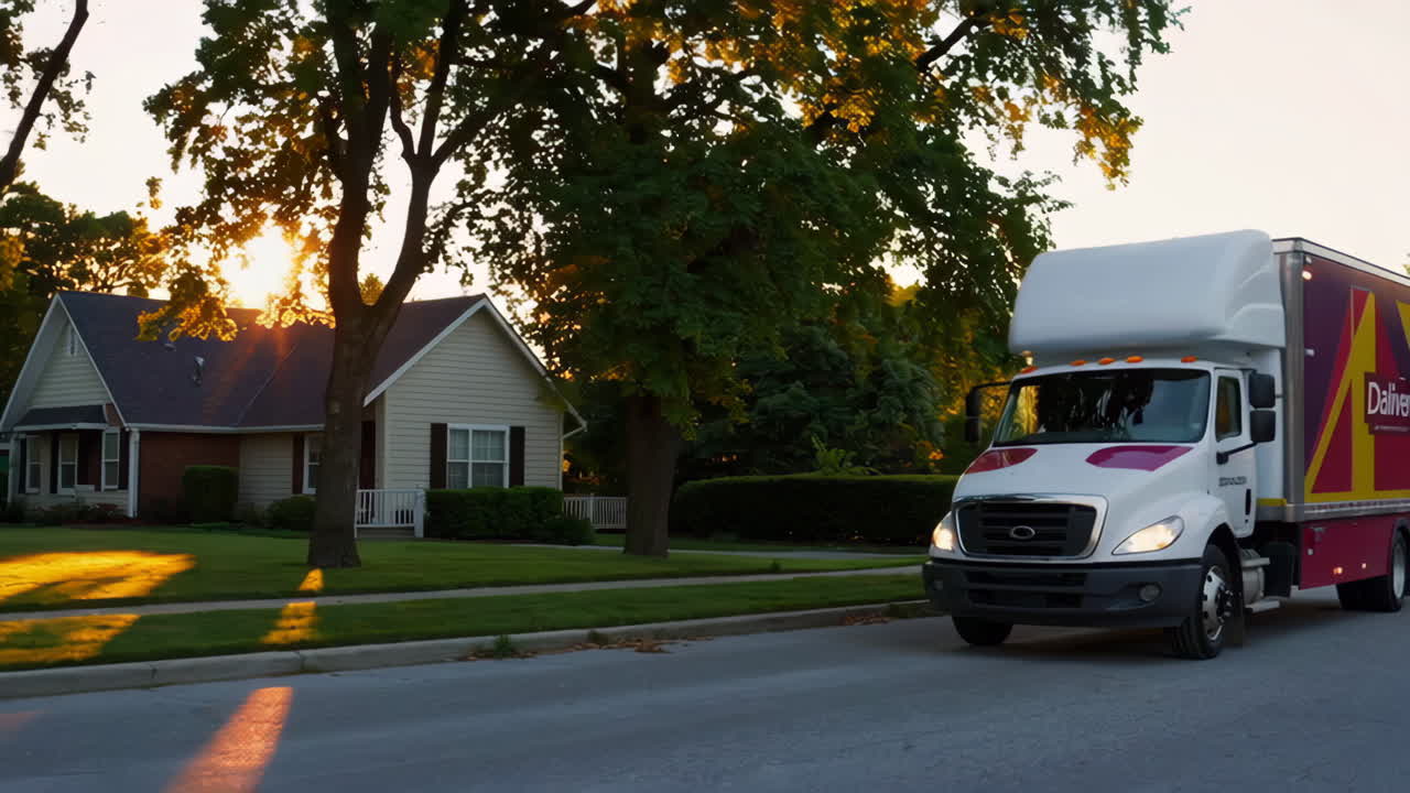 Delivery Truck in Residential Neighborhood at Sunset