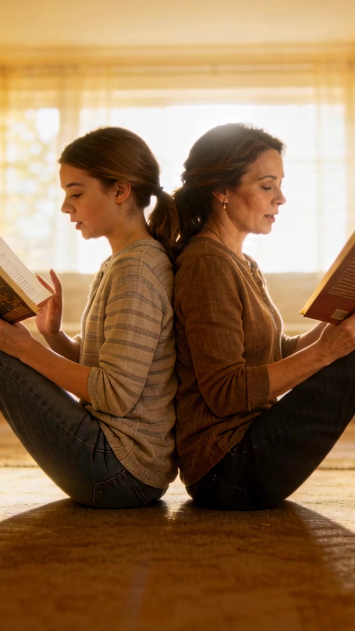 Vídeo vertical: Abrindo livros, mãe e adolescente sentadas de costas uma para a outra lendo na sala de estar para fortalecer o vínculo.