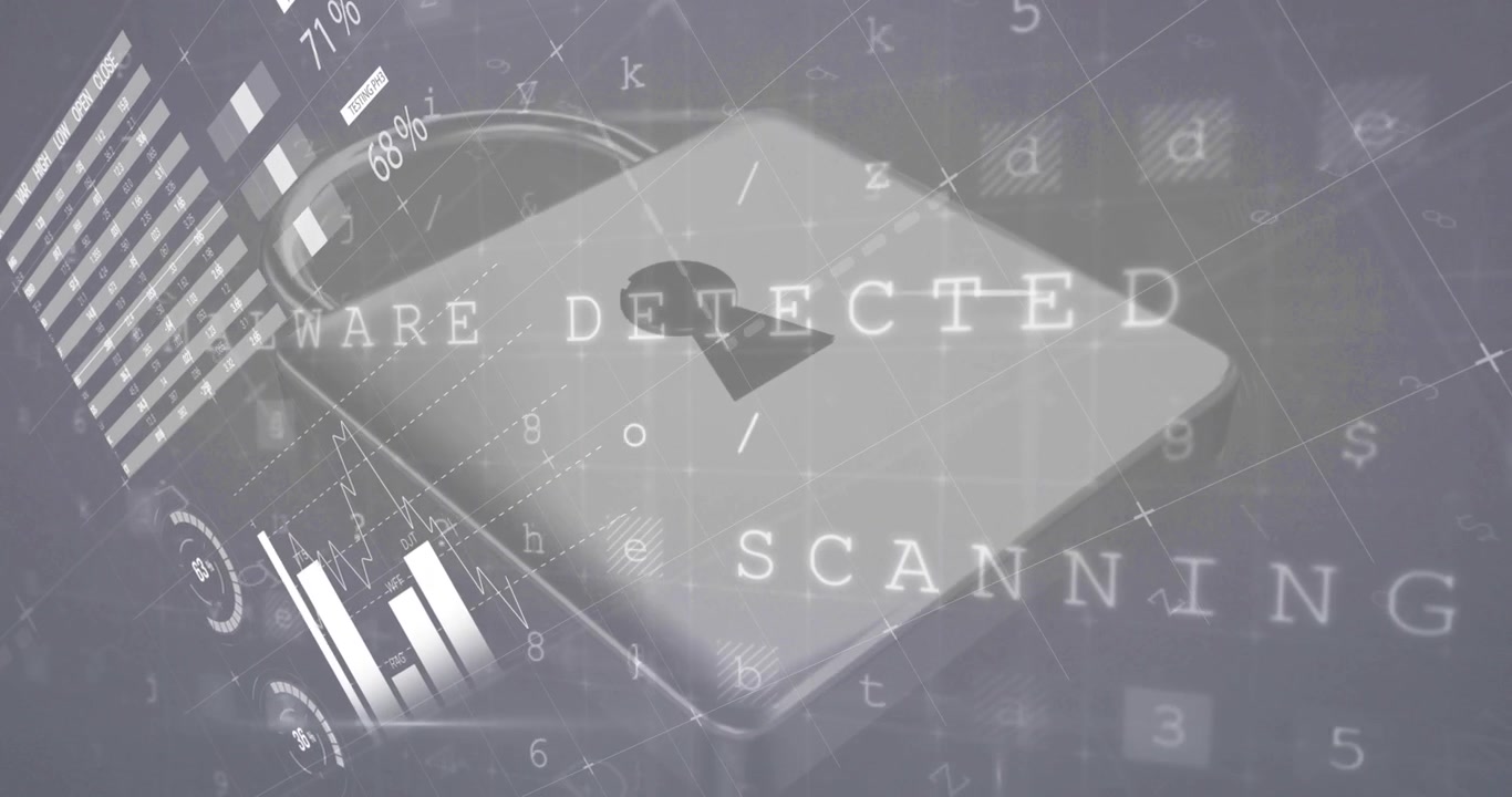 Smartphone graphic initiating scanning for malware while animating bar and pie charts over grid