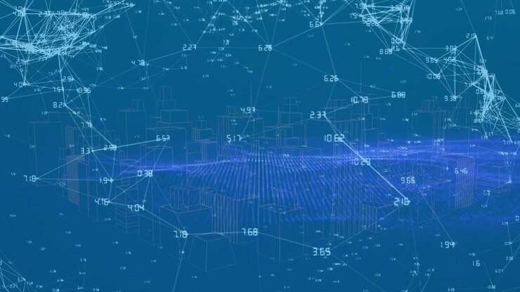 Animation of network of connections over digital city on blue background