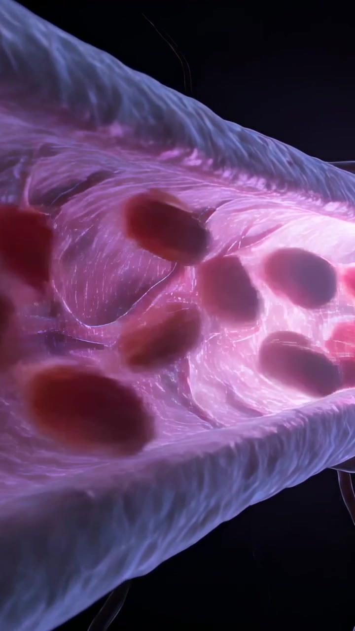 Video verticale: Globuli rossi a forma di disco che scorrono e rotolano vicino alla parete di un vaso, spinti dal flusso oltre sottili fibre.