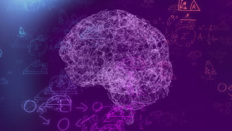 ecuaciones matemáticas contra el cerebro humano giratorio en 3d sobre un fondo púrpura
