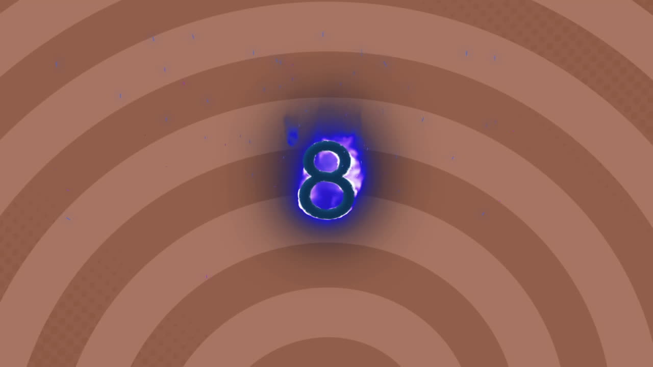 animación digital del efecto de llama sobre el número ocho contra espirales giratorias en fondo marrón