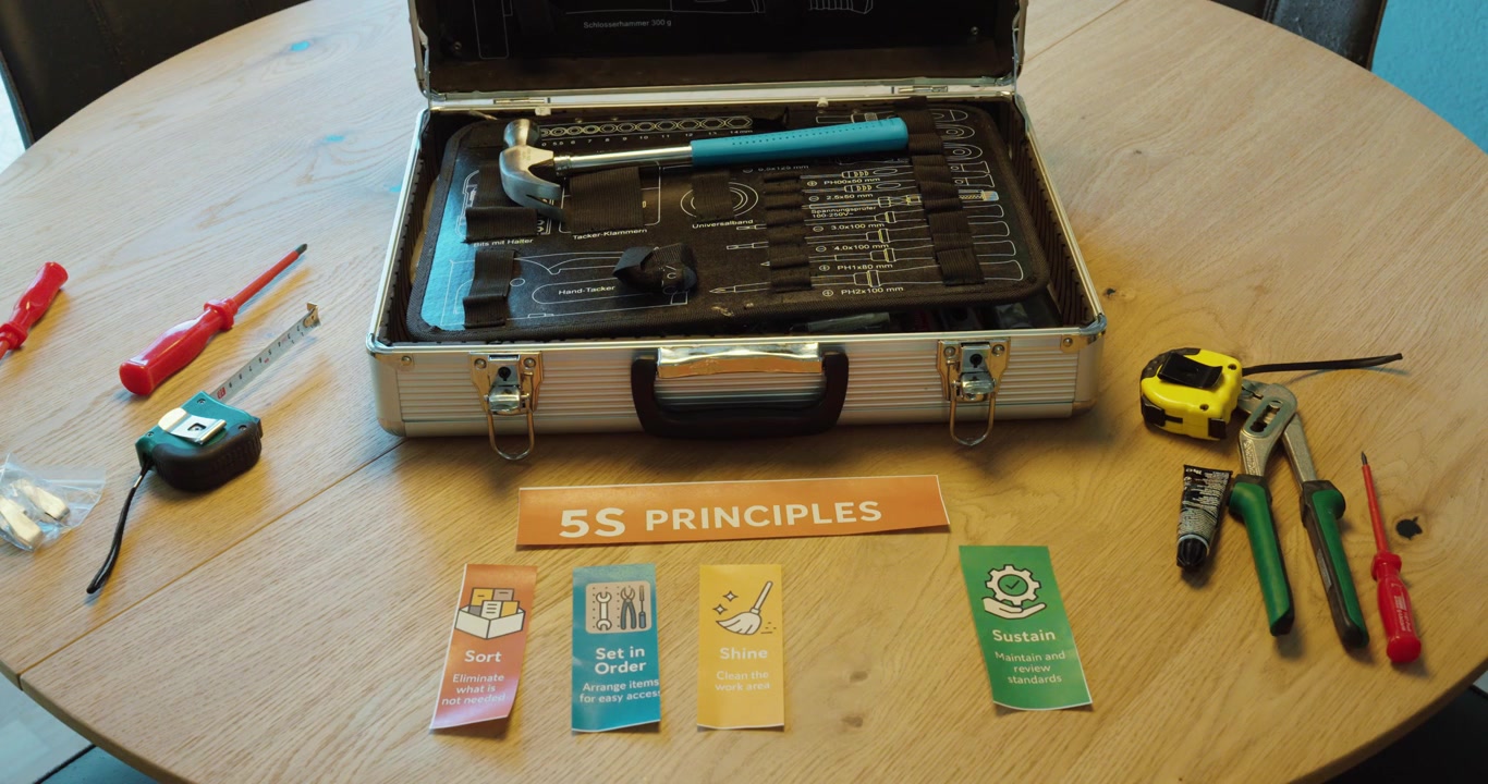 Hand holding “Standardize” 5S card with organized tools, representing consistent procedures and structured workflows.