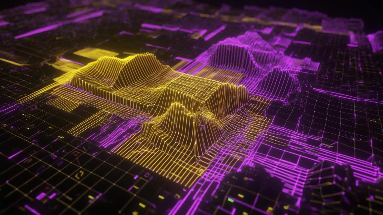 Abstract Digital Terrain with Glowing Yellow and Purple Wireframe Grid
