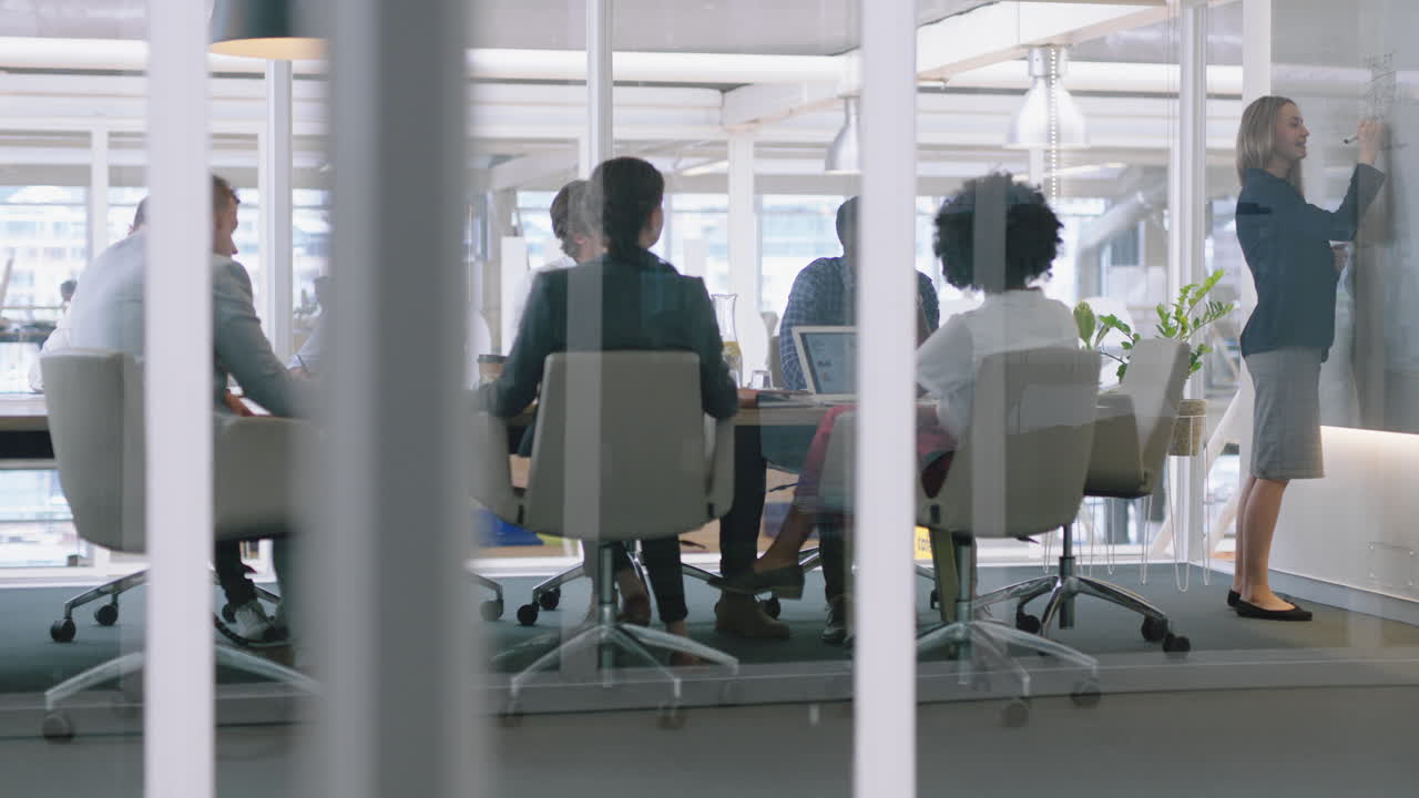 기업인 그룹이 이사회에서 만나고 팀 리더 여성이 화이트보드에서 아이디어를 제시하고 사무실에서 동료들과 전략을 논의합니다 교육 프레젠테이션 4k