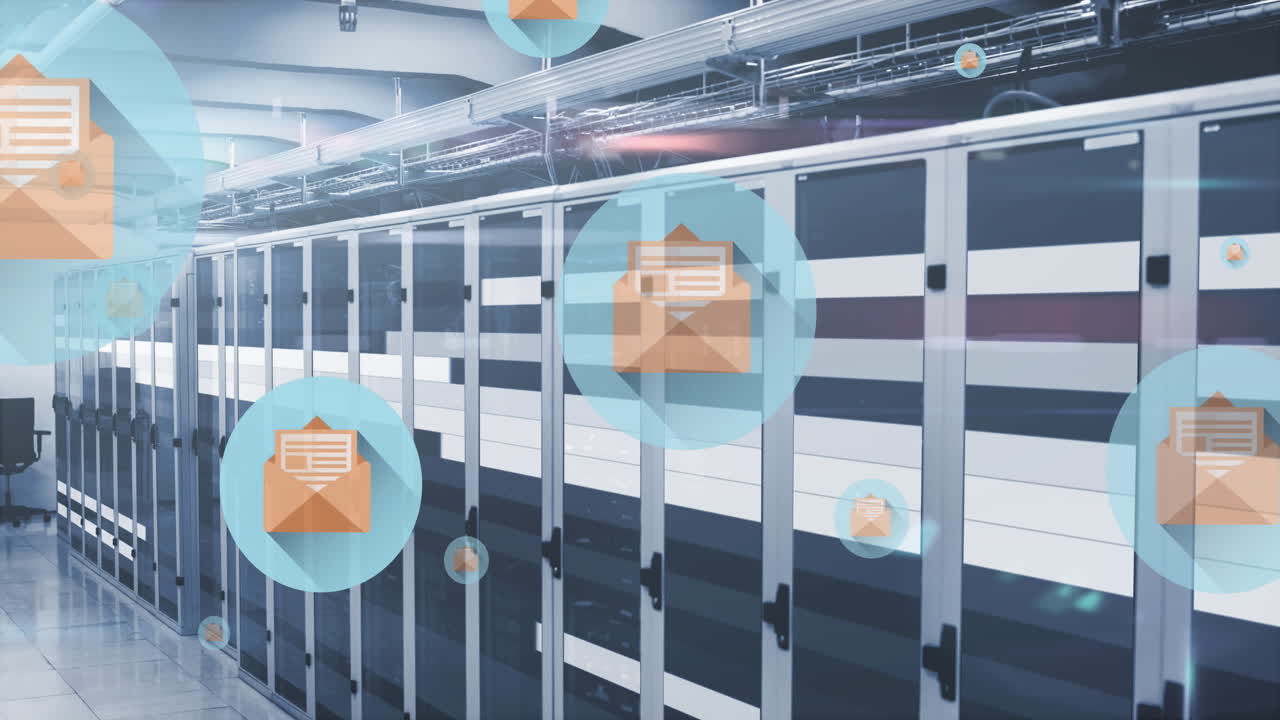 봉투와 함께 디지털 아이콘의 애니메이션과 컴퓨터 서버를 통해 데이터 처리