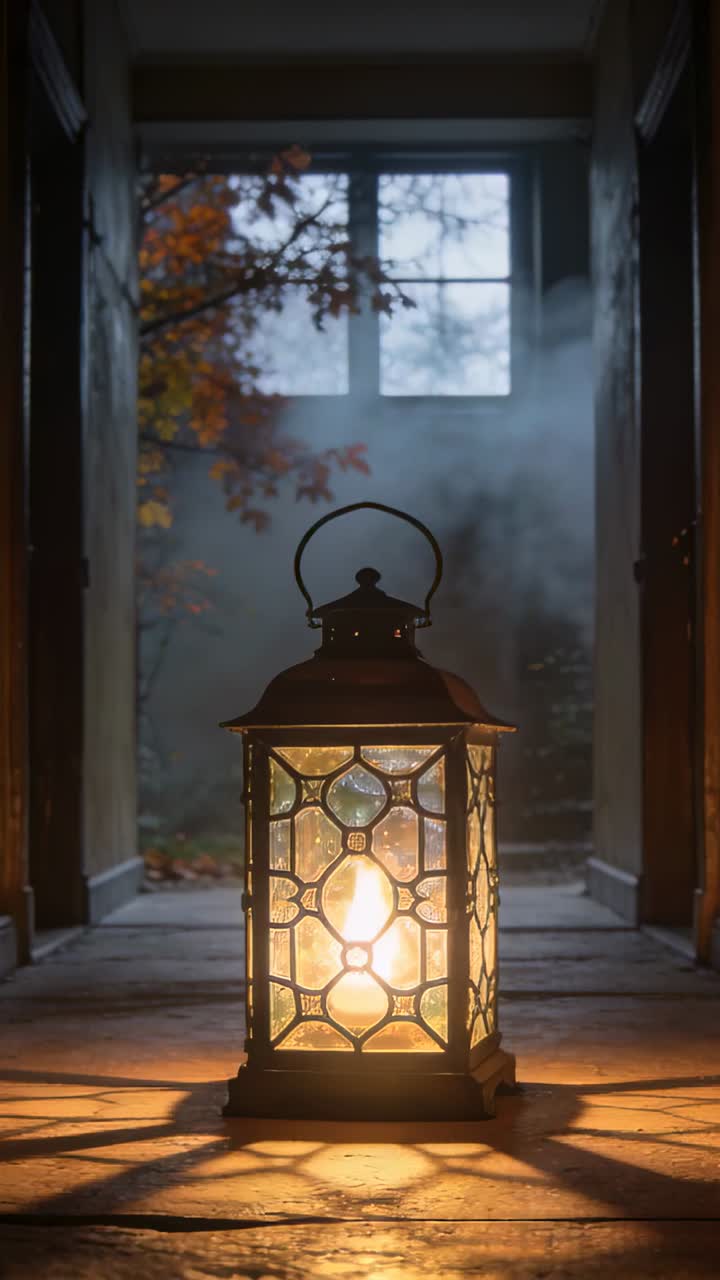 Lanterna decorativa in metallo luminosa con candela tremolante su una soglia di pietra al crepuscolo, con nebbia.