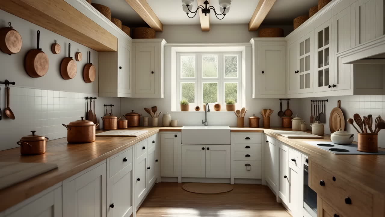 Luminosa cucina moderna in stile rustico con mobili bianchi e piani di lavoro in legno