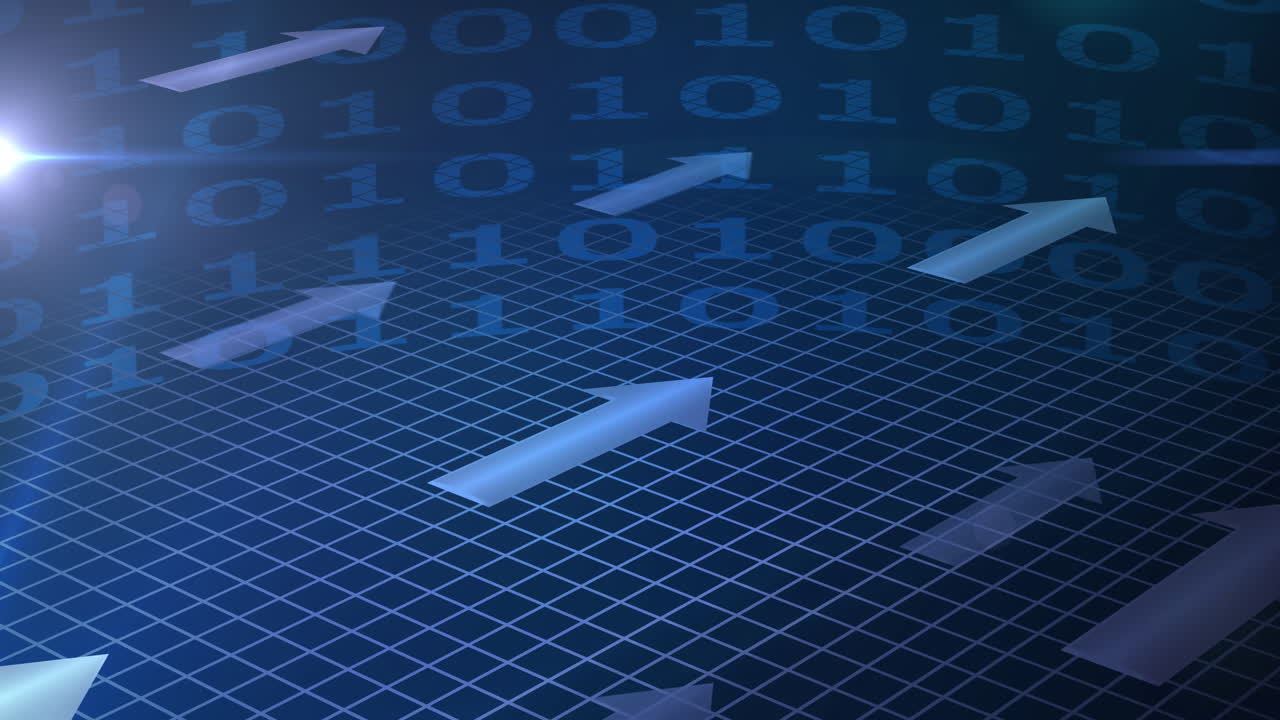 Animation of digital interface with binary coding and blue arrows