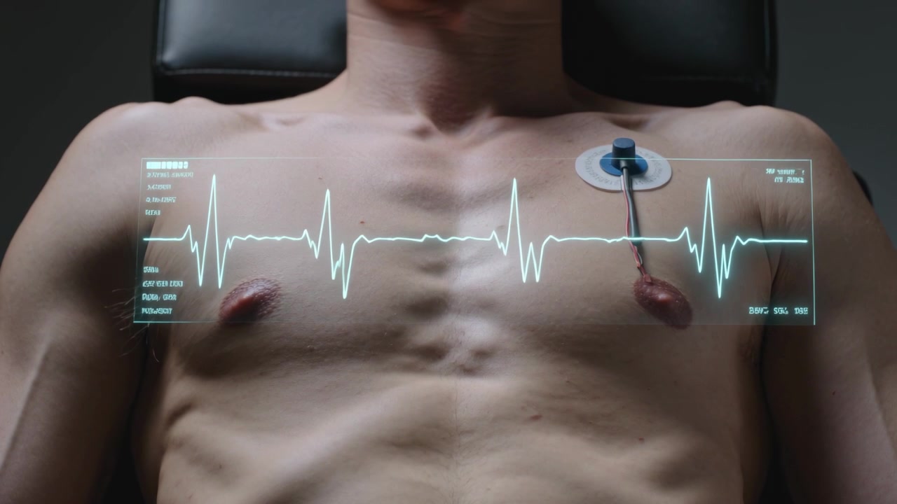 Lékařské monitorovací zařízení monitoruje mužský trup bez košile po umístění elektrod, zobrazuje křivku EKG.