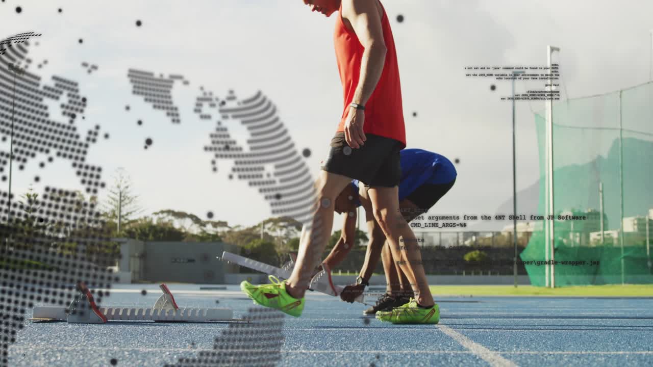 Due atleti di atletica leggera che regolano i blocchi, preparandosi per lo sprint in pista, sovrapposizione del globo a sinistra