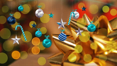 animation of multicolored hanging decoration with bokeh effect in background