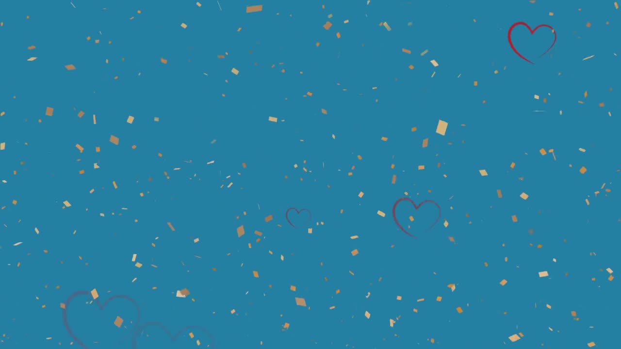 파란색 배경에 떨어지는 콘페티와 회색 리본 심장의 애니메이션