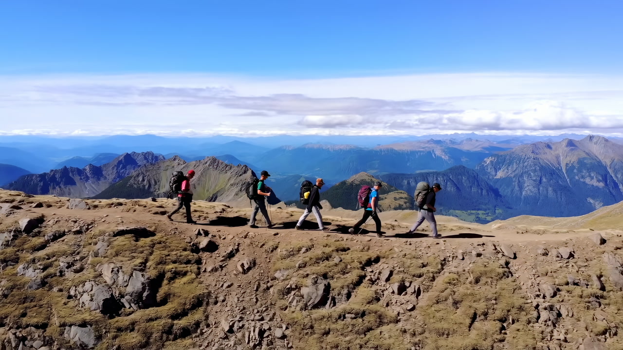 Mountain Ridge Hikers Traversing High Alpine Trail With Backpacks And Trekking Poles, Guide Leading Group,