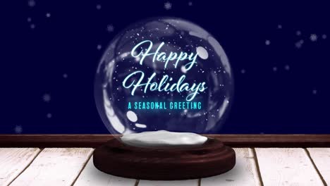 Animation-of-christmas-greetings-in-snow-globe-on-wooden-boards,-shooting-star-and-snow-falling