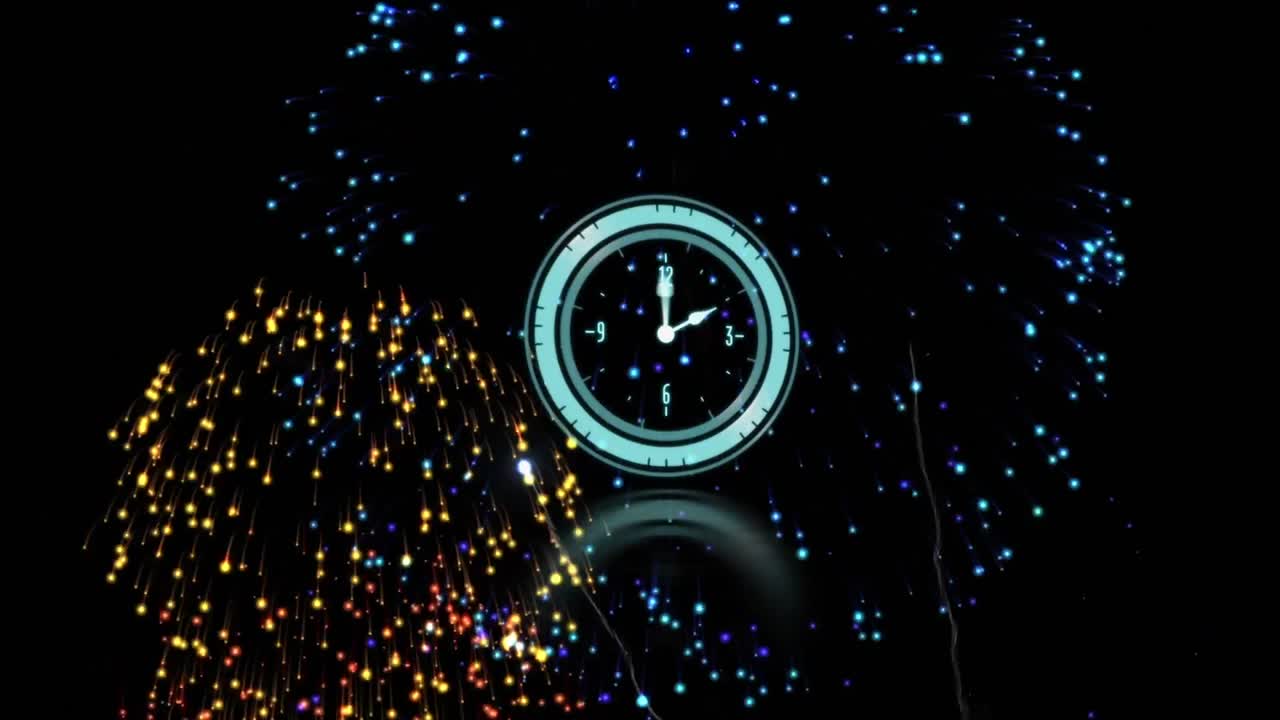 reloj digital de neón azul haciendo tictac contra fuegos artificiales explotando en fondo negro