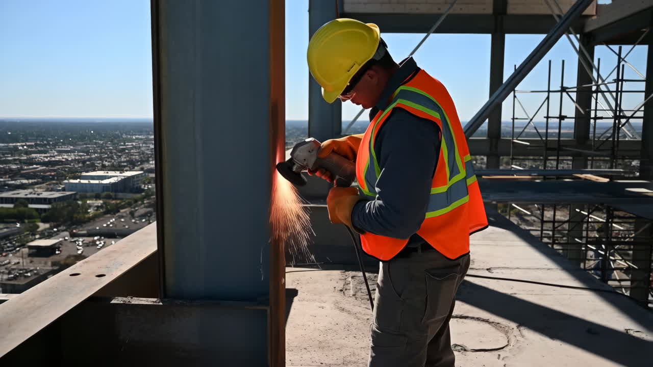Construction Worker Grinding Steel on a High-Rise Building Site
