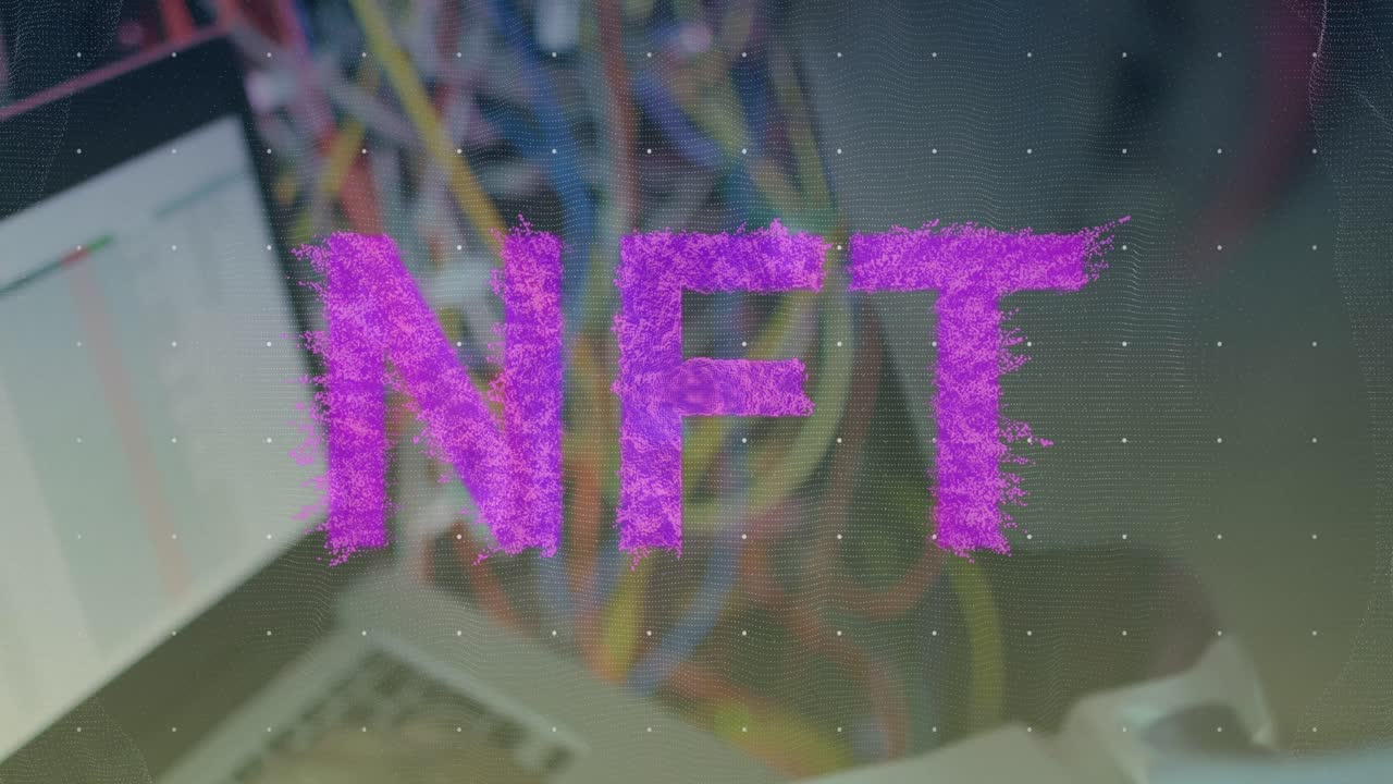 Animation of nft text over laptop in server room