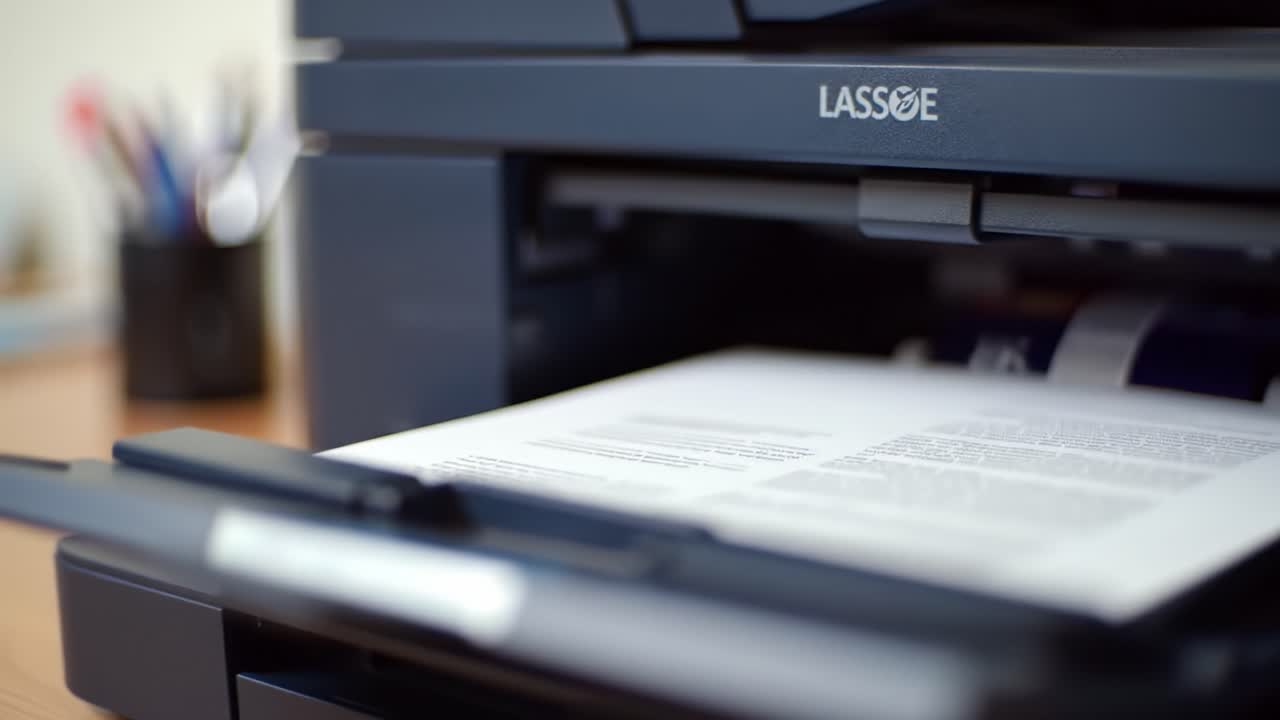 Document being printed from a high-performance printer, showcasing advanced technology in action as paper emerges with clear text and graphics.