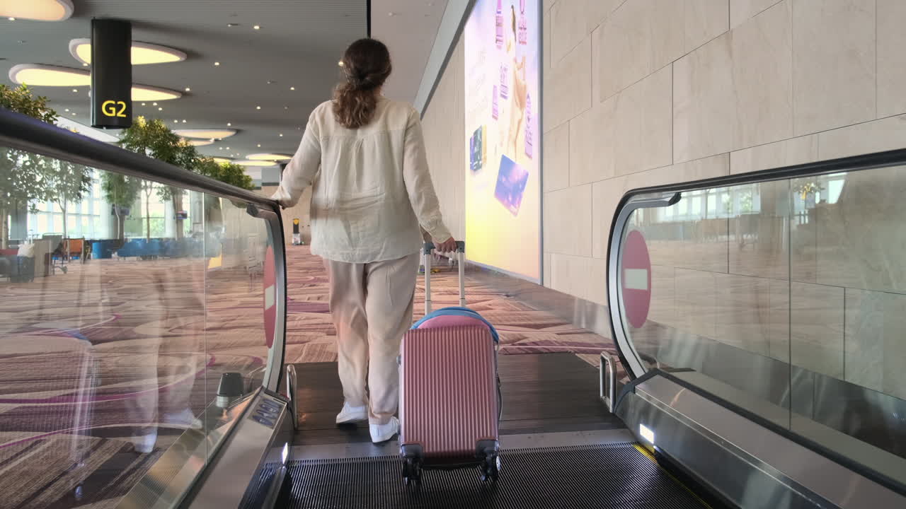 mujer con equipaje en la escalera mecánica del aeropuerto