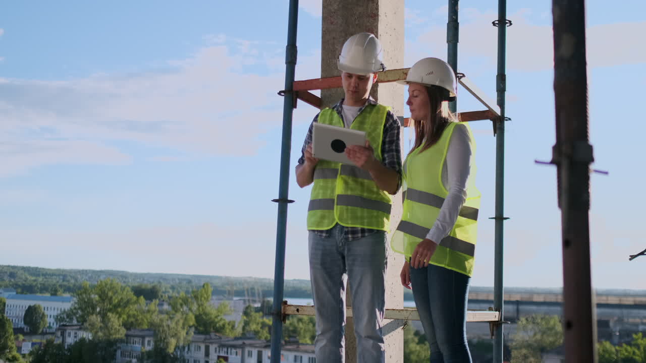 dos ingenieros un hombre y una mujer con cascos blancos con una tableta en el sitio de construcción condenan el plan de construcción del edificio